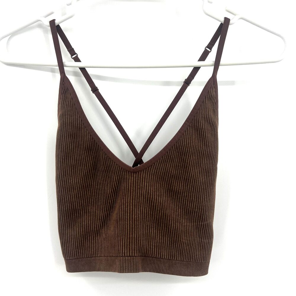 Aerie Real Good Ribbed Seamless Crop Cami Tank Top Brown V-Neck Strappy Back M